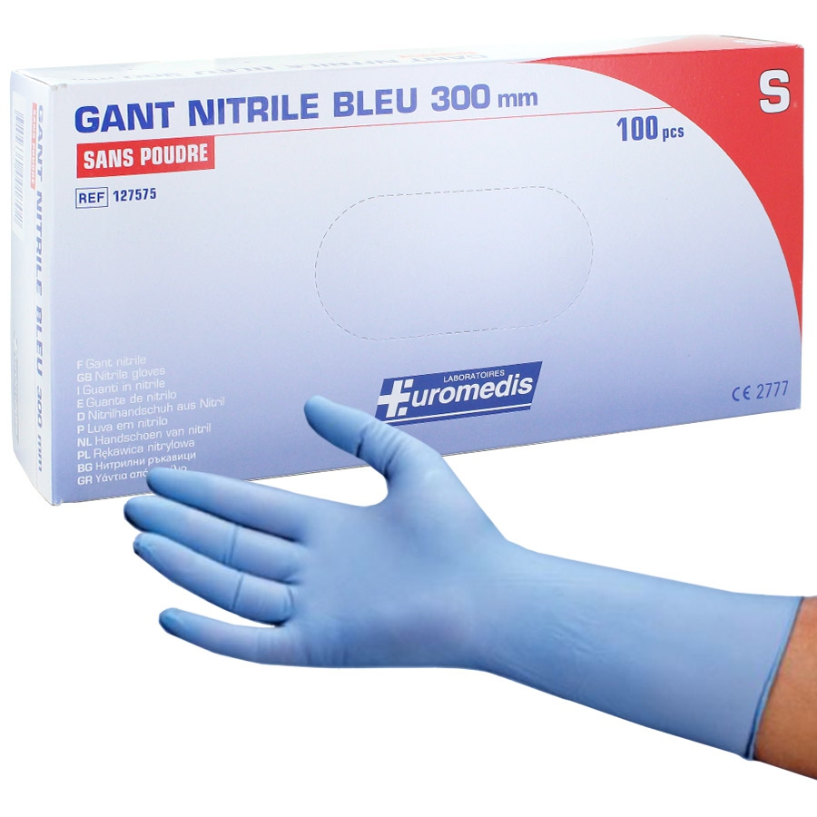 Gants d'examen nitrile non poudrés non stériles à manchette longue