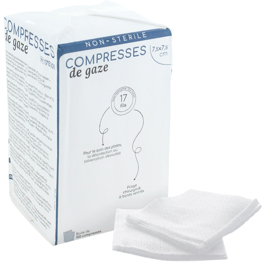 Compresses stériles 10x10, 12 plis, paquet de 10,simple emballage