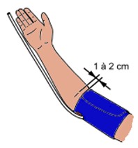Tensiomètre électronique bras, mise en place du brassard au bras droit
